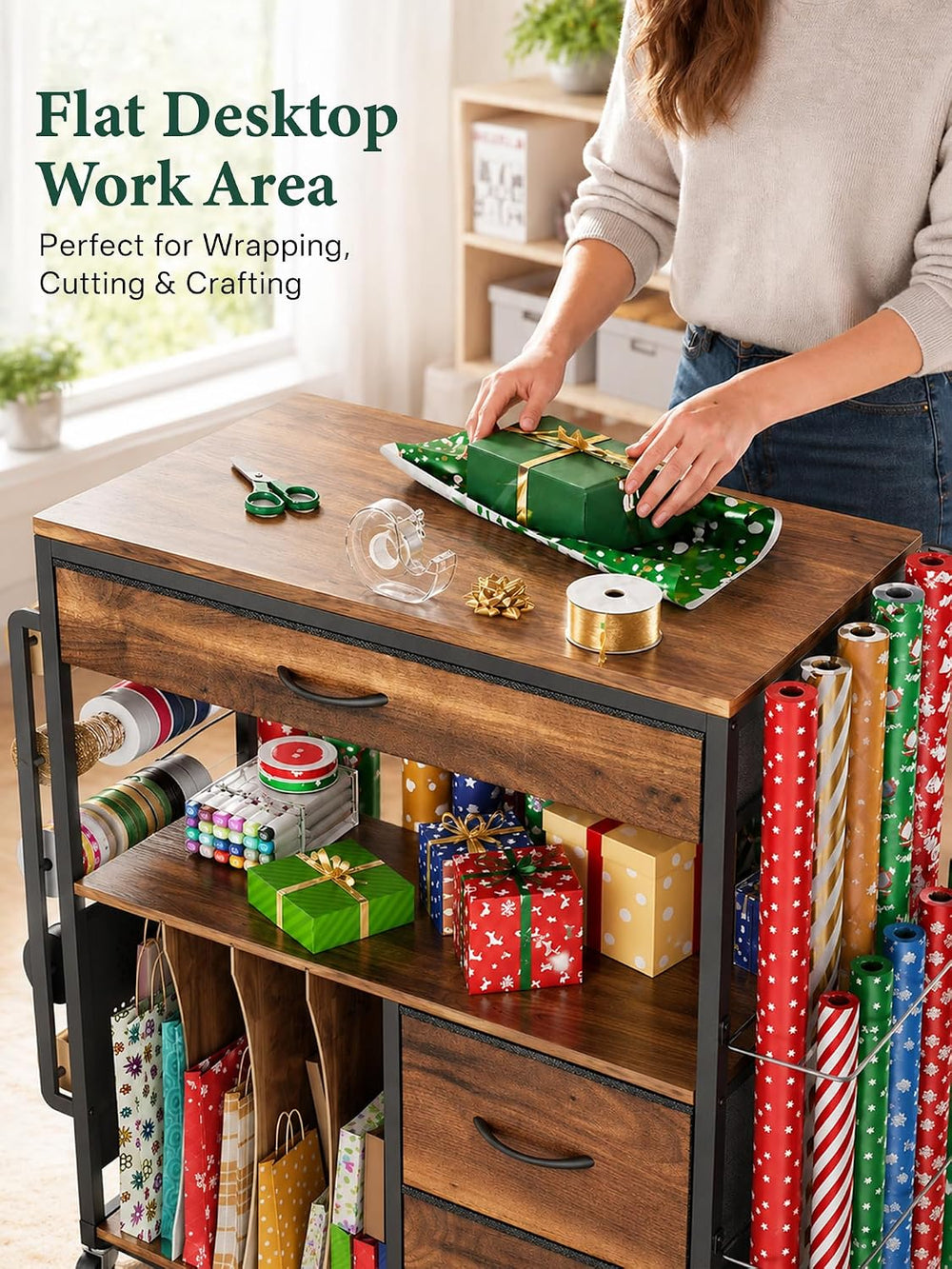 MAX Wrapping Paper Storage Cart, Up to 30 Rolls, Wood Grain