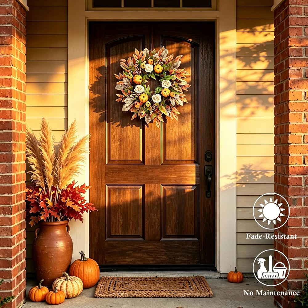 24 Inch Fall Wreaths for Front Door, Autumn Pumpkins Wreaths