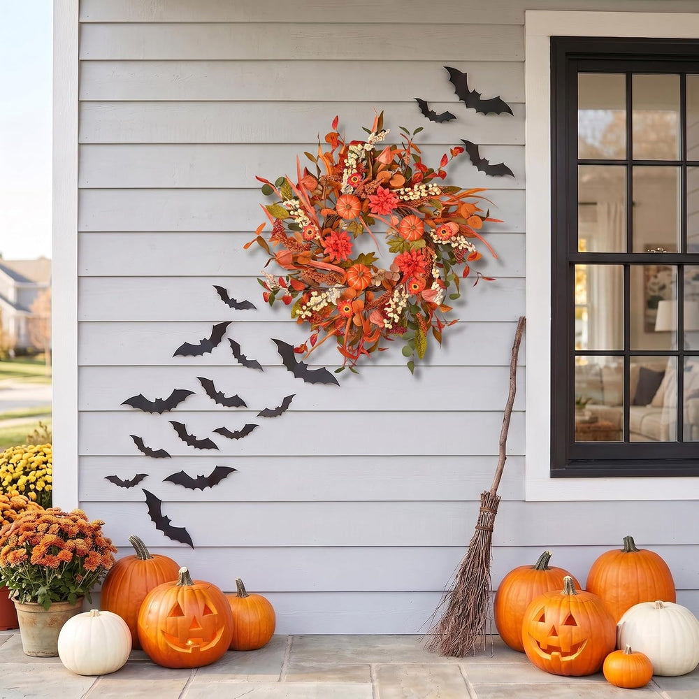 24 Inch Pumpkin Fall Wreath for Front Door with Berry & Mixed Leaves
