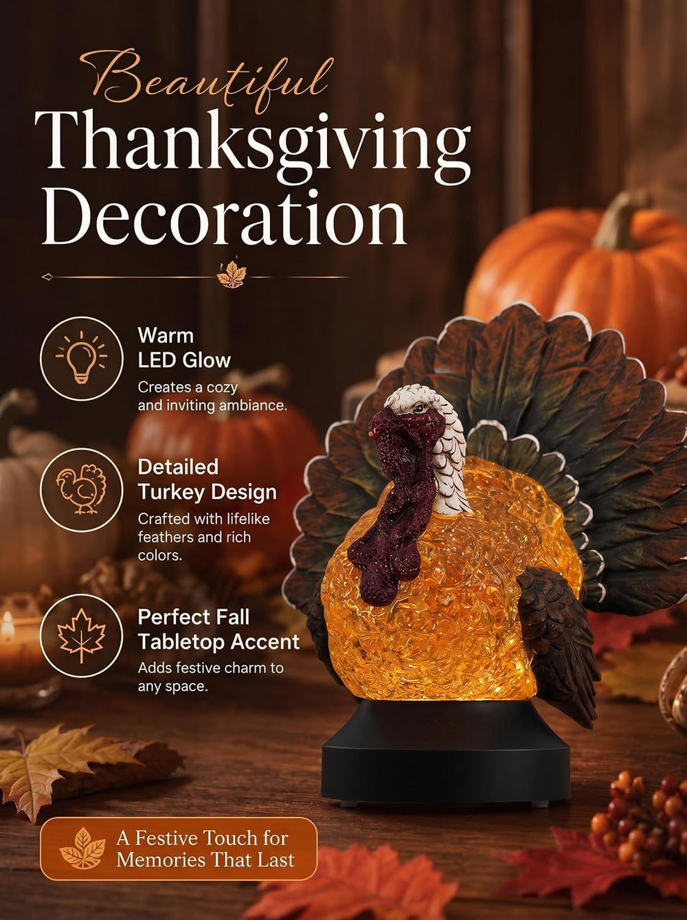Thanksgiving Turkey Snow Globe Lantern, Lighted Fall Tabletop Decoration with...