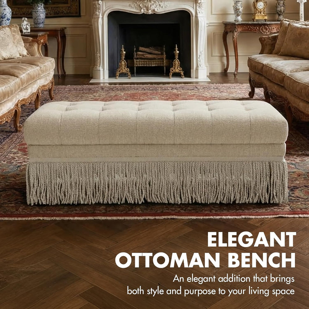 47-Inch Chenille Ottoman Bench Vintage Tufted Fringe Design Beige