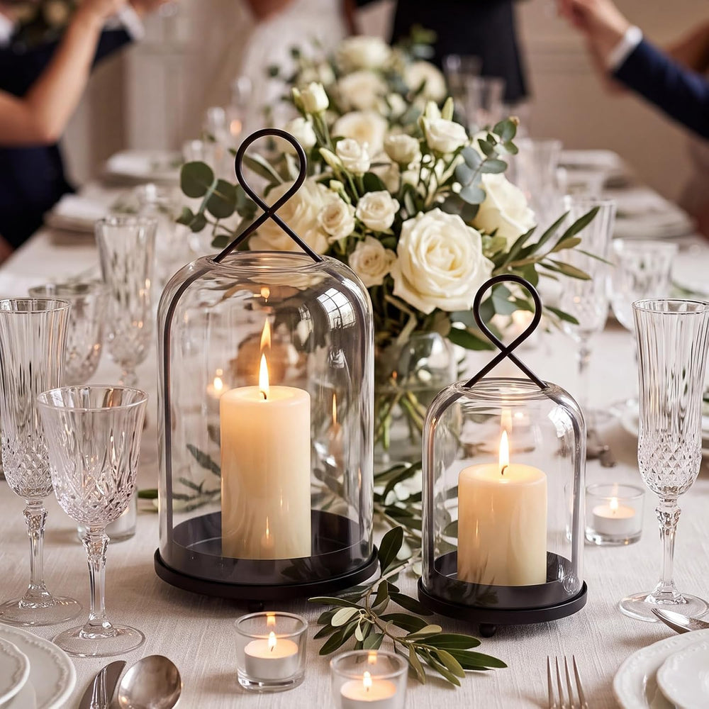 Hurricane Glass Candle Holders Set of 2 Black Hanging Pillar Candle Lantern