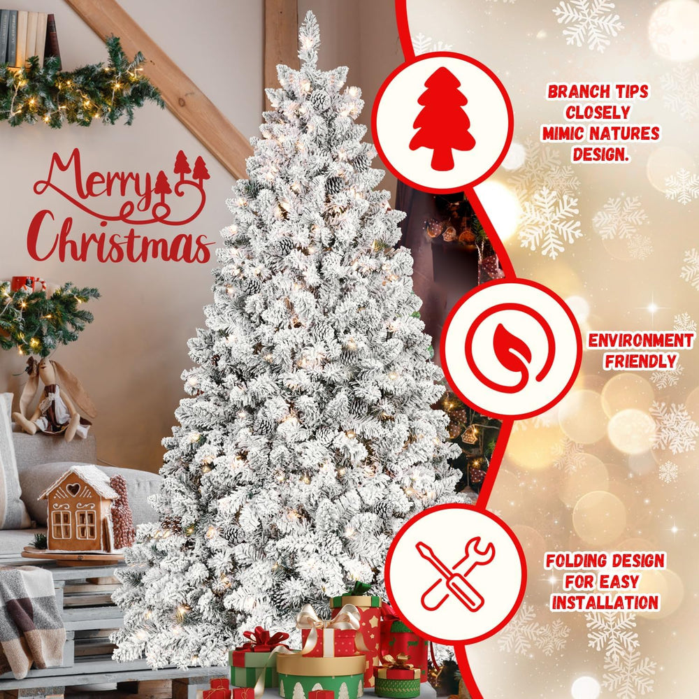 7FT Prelit Flocked Christmas Tree with Pine Cone, Premium Artificial Christma...