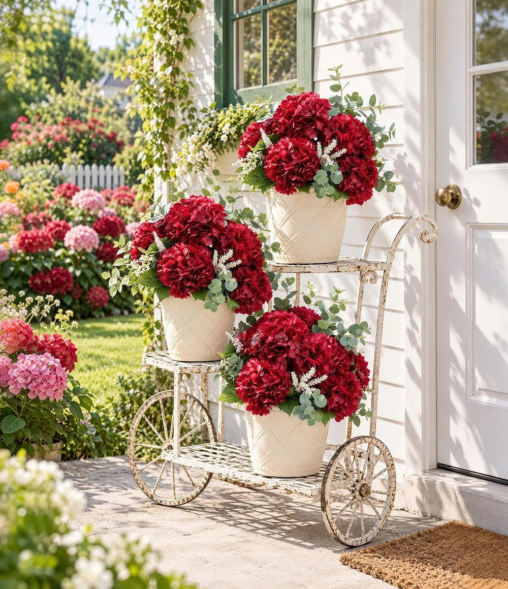 5Pcs Red Faux Hydrangeas Artificial Flowers with Stems & Leaves