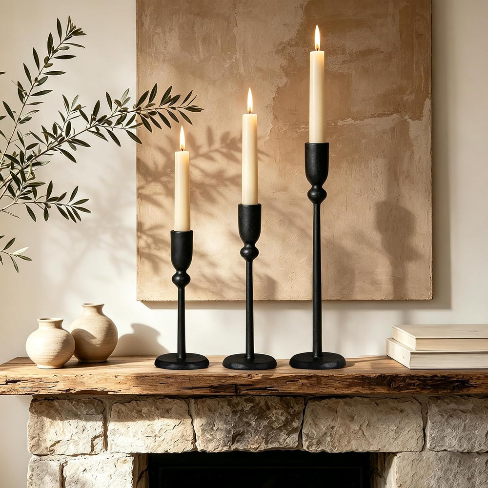 PERFNIQUE Black Candle Holders for Candlesticks Set of 3, Cast Iron Decor