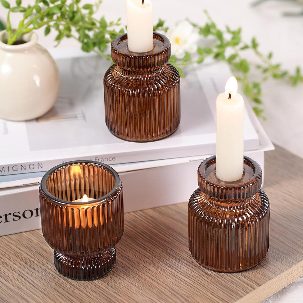 12 Pcs Glass Candlestick Holders- Amber Taper Candlestick Holders Tealight Vo...