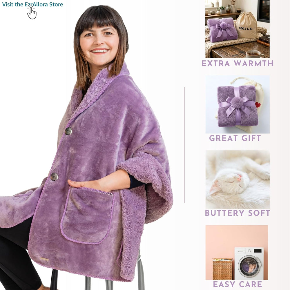 Original Premium Double Layer Poncho Blanket, No Sleeves, Sherpa (Purple)