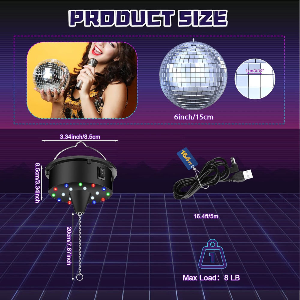 Disco Ball with Motor and Light - 10 RPM Rotating Motor 6 Inch Mirror Ball