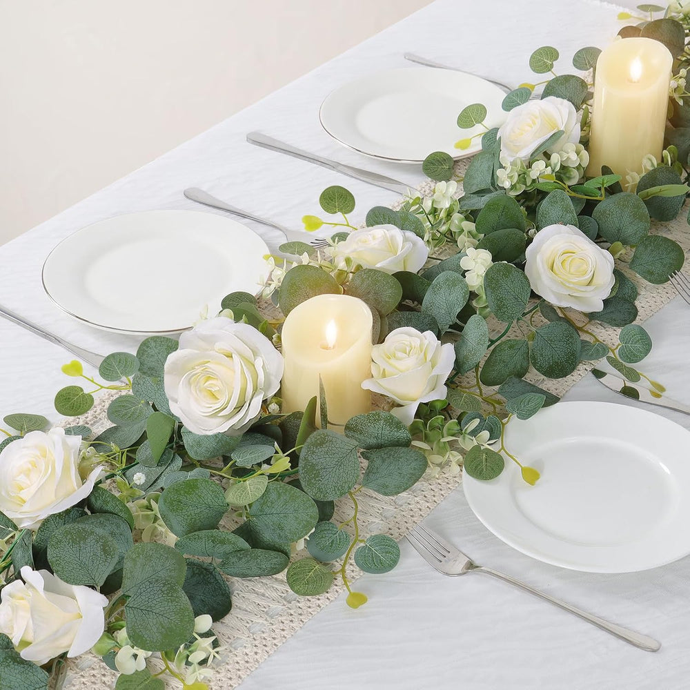 TOCHGREEN 4PCS Artificial Eucalyptus Flower Garland with White Rose Flowers