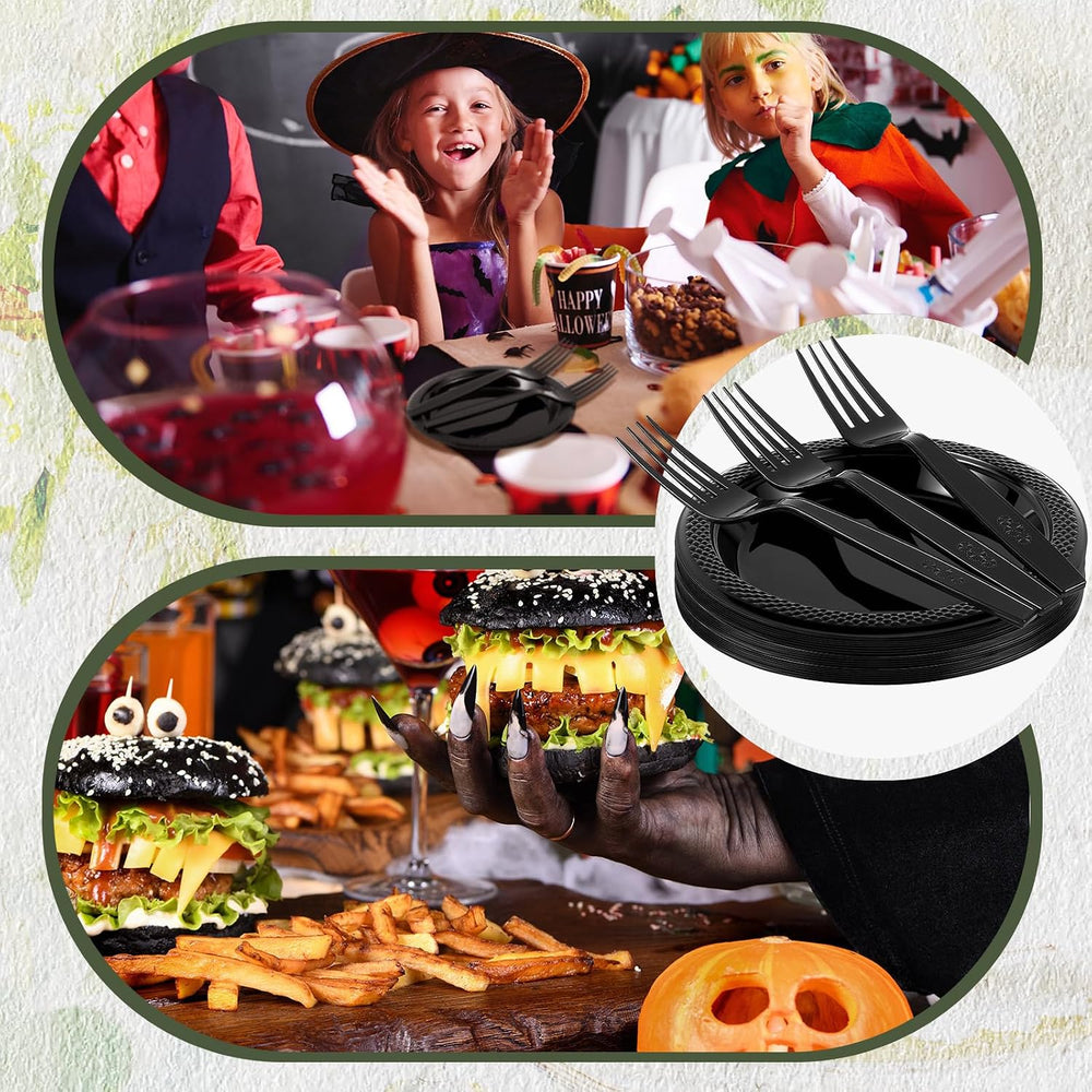 Hushee 600 Pcs Black Plastic Dessert Plates 6'' with Forks 7''...