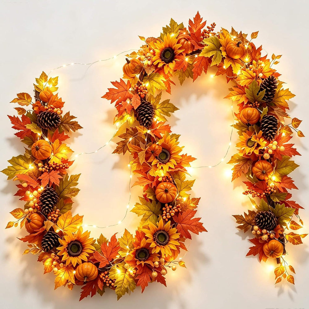 YULETIME 9 ft Pumpkin & Maple Leaf Garland, 50 Fairy Lights Battery Powered