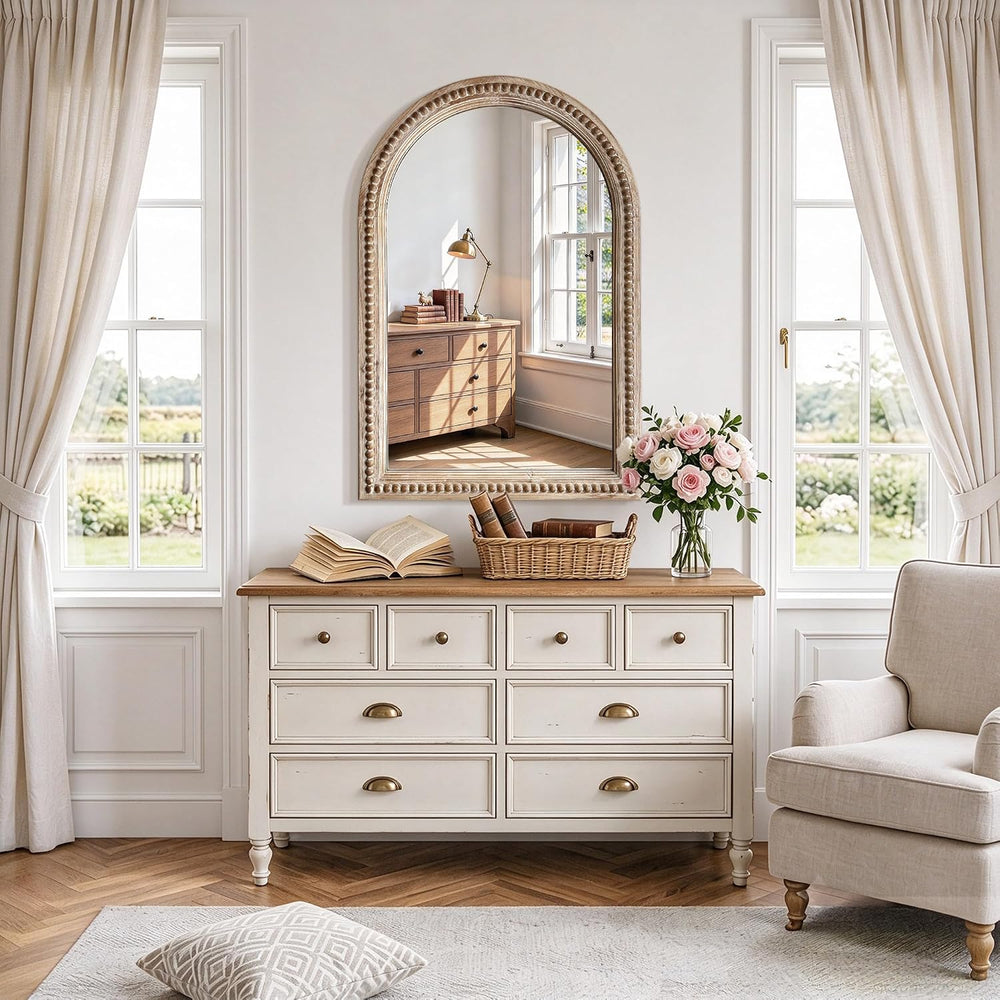 36x24 Inch Arched Wood Beaded Wall Mirror, Bathroom Vanity Farmhouse Mirror