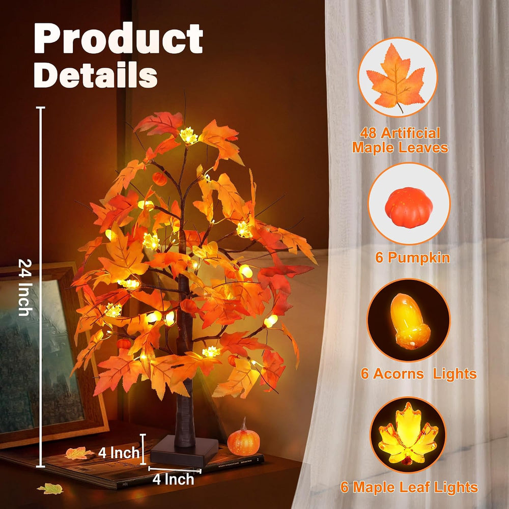 2 Pack 24 Inch Maple Tree Fall Thanksgiving Table Decorations with 48LED Batt...