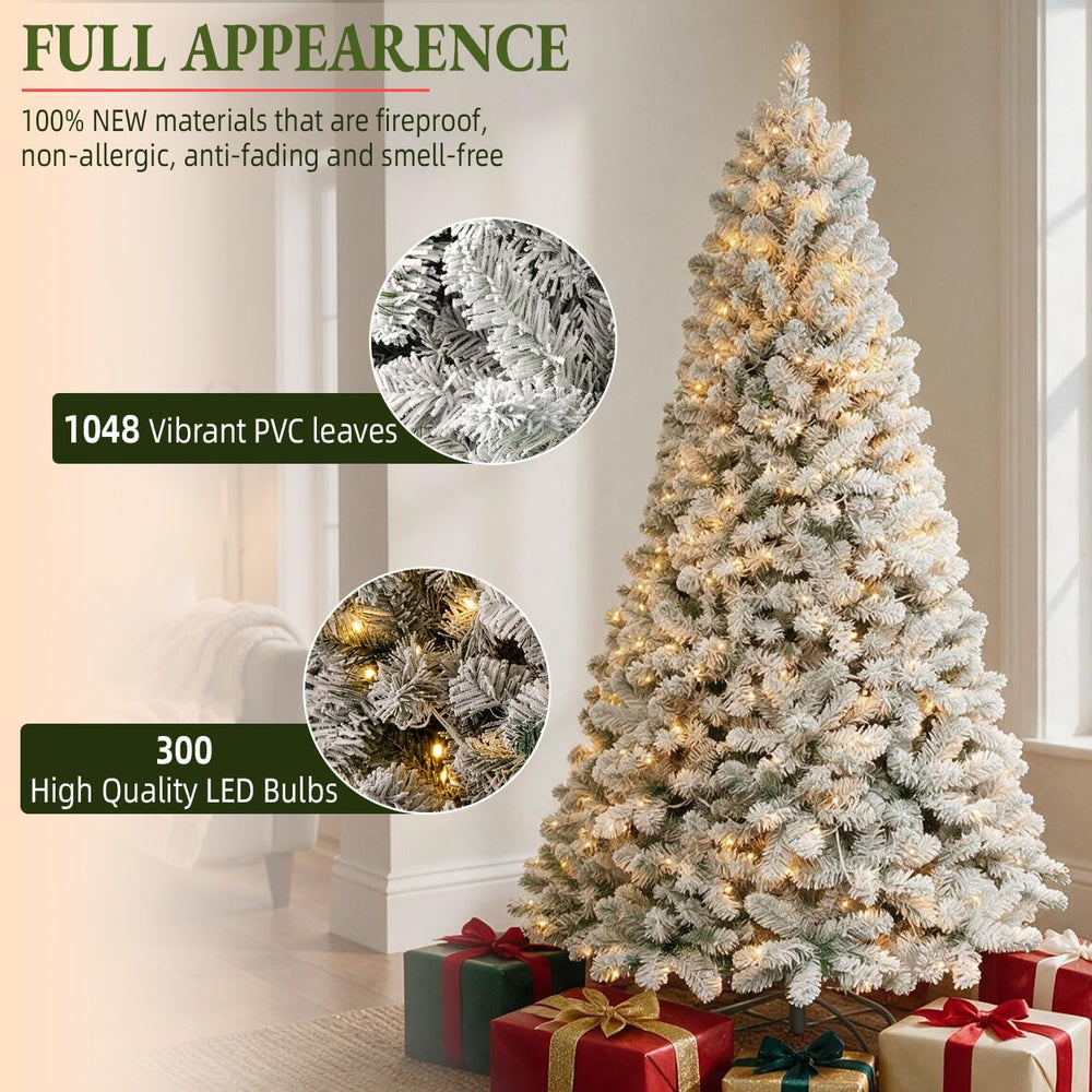 7FT Flocked Prelit Artificial Hinged Christmas Tree