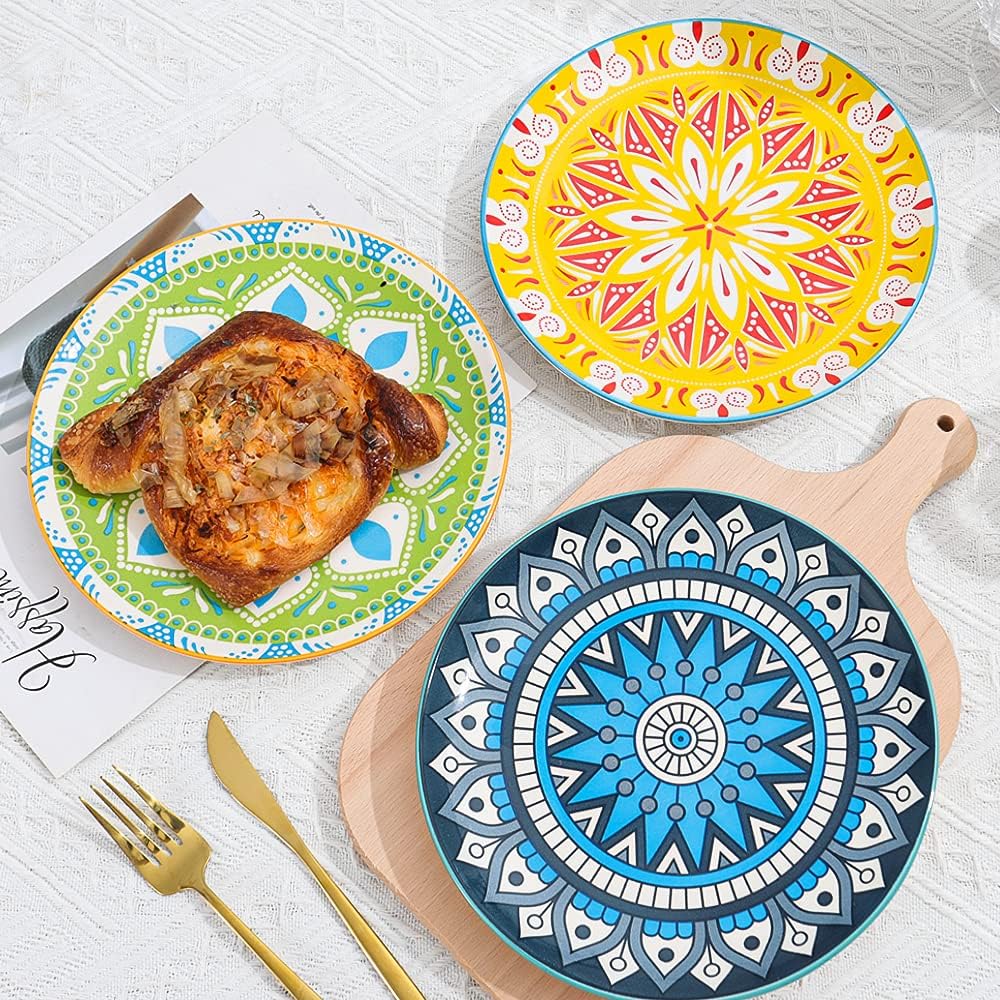 Dessert Plate Set of 6-8 Inch Ceramic Salad and Appetizer Plates - Vibrant Mi...