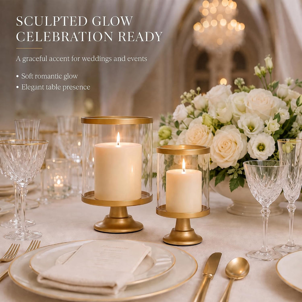 Gold Hurricane Candle Holder Set of 2 with Glass Cylinder for Pillar Candle