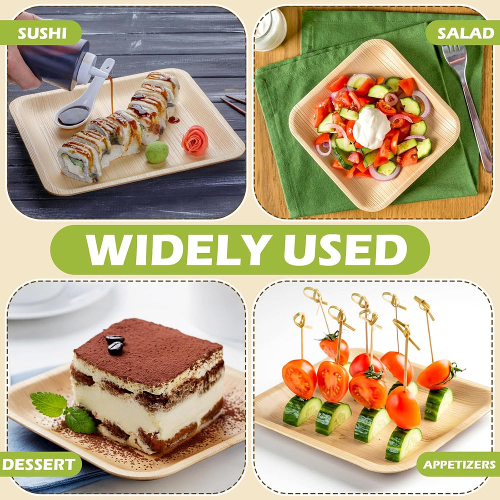 100 Pcs 6" Disposable Bamboo Plates Square Wooden Food Trays