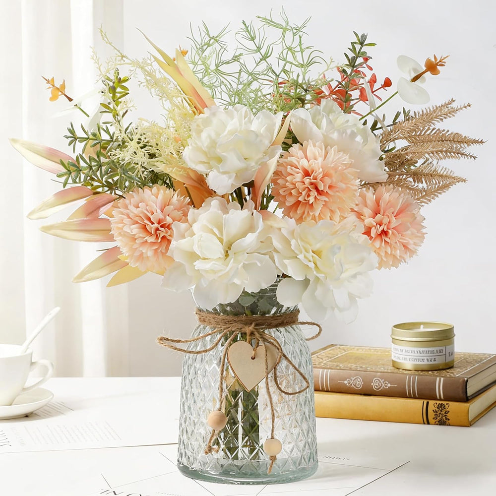 Faux Peony Flowers Arrangement with Vase, 14.5''(Peony White Pink)