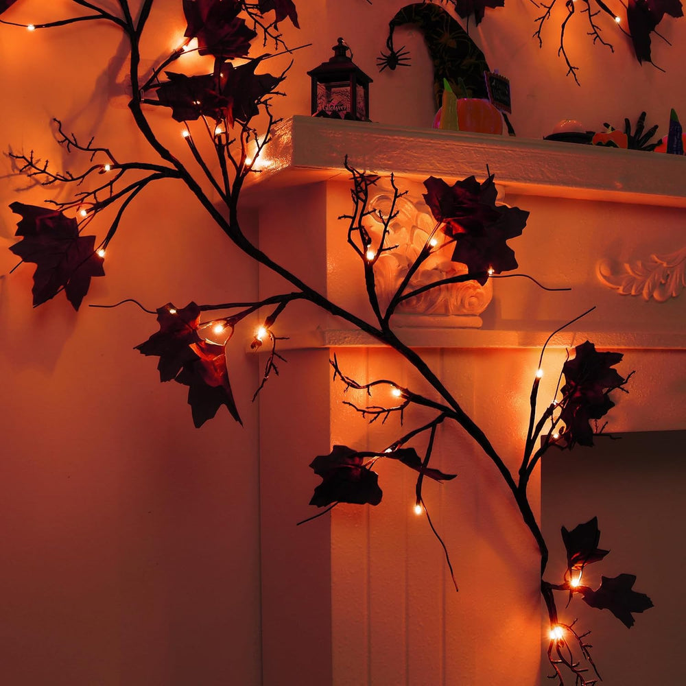 FLYSNK 9 FT 72 LED Halloween Willow Vine Twig Decorations With Orange Lights ...
