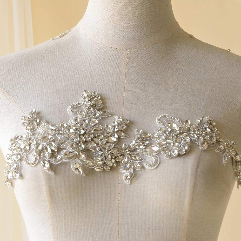 Sparkling Rhinestone Applique Heavy Beads Motif Diamante Crystal Lace Patch C...