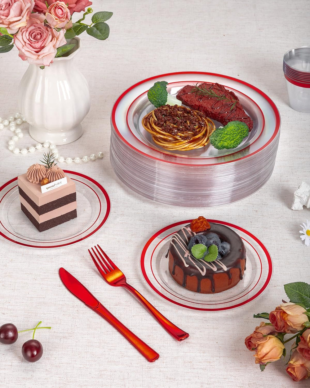 350 Pcs Red Disposable Plates, Clear Plastic Plates and Napkins