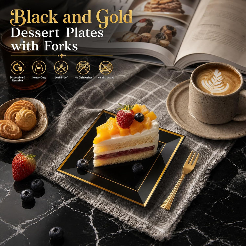 200PCS Black and Gold Plastic Dessert Plates for Halloween Parties