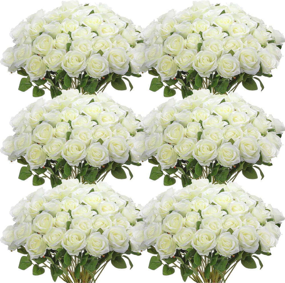 Jexine 50 Pcs Artificial Silk Roses Bulk with Long Stem,White