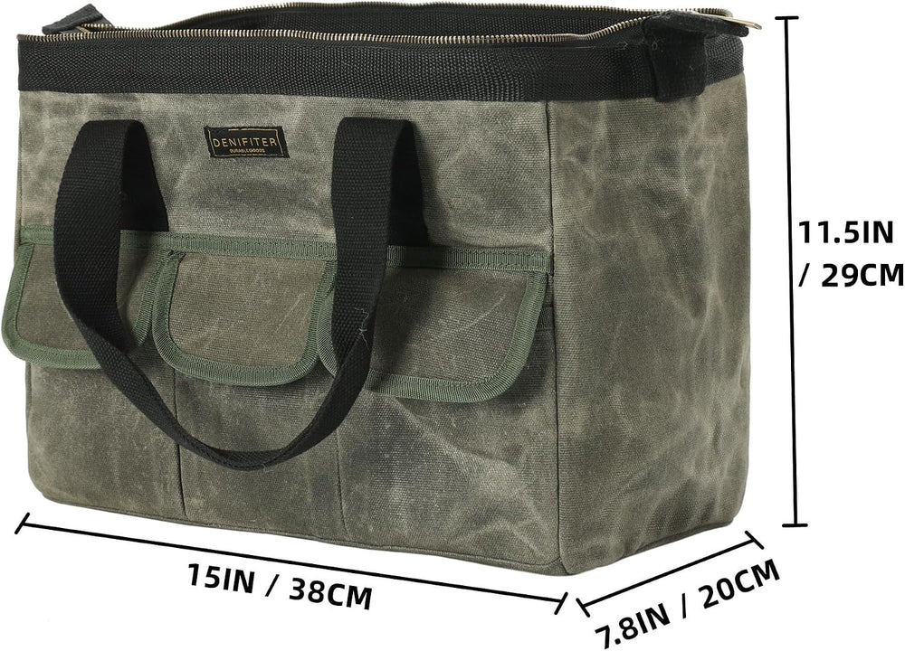 15 Inch Tool Bag, Heavy Duty Waxed Canvas Wide Mouth Water-Resistant Tool Pou...