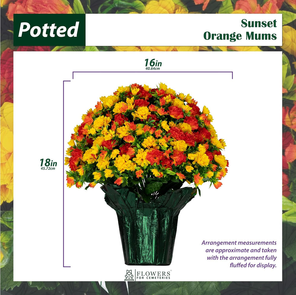 Artificial Fall Mums, Sunset Orange Weighted Pots, 2 Pack