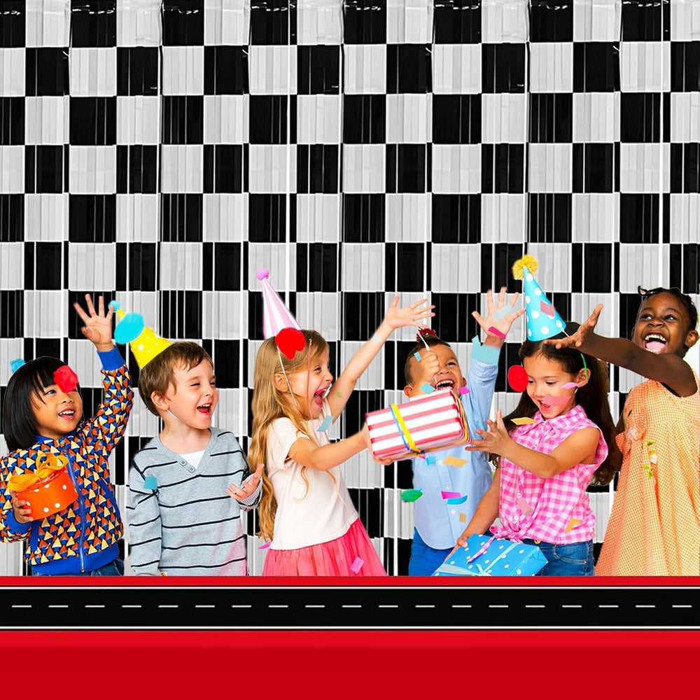 Race Car Foil Fringe Curtains Backdrop Birthday Party Decorations, 6 Pack