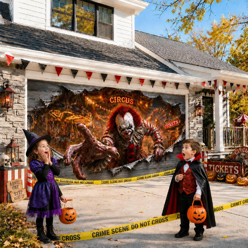 Halloween Garage Door Cover 16x7 FT, 3D Circus Clown Garage Door Decoration