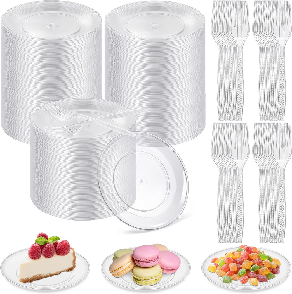 300 Pieces Clear Disposable Plastic Plates with Plastic Forks 5.5 Inch Desser...