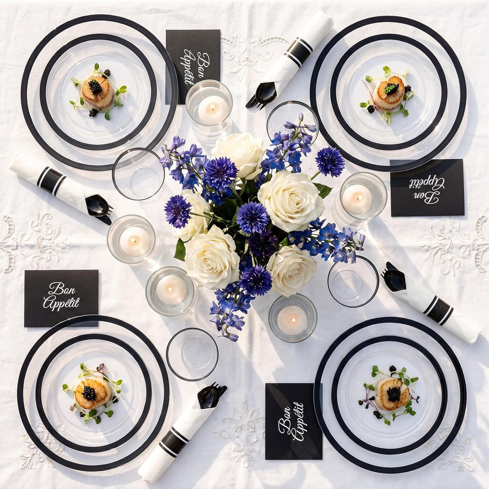 I00000 350Pcs Black Plastic Dinnerware Set,Disposable Plates for 50 Guests