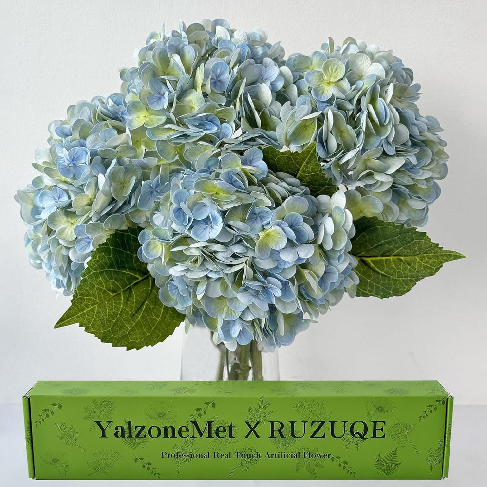 YalzoneMet 4Pcs Light Blue-Green Real Touch Hydrangea Artificial Flowers 21