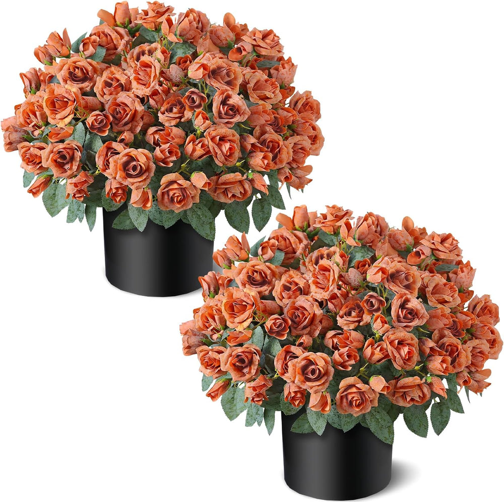 2Pcs Artificial Fall Rose Flower Topiary Tree for Front Porch Decor(Orange)