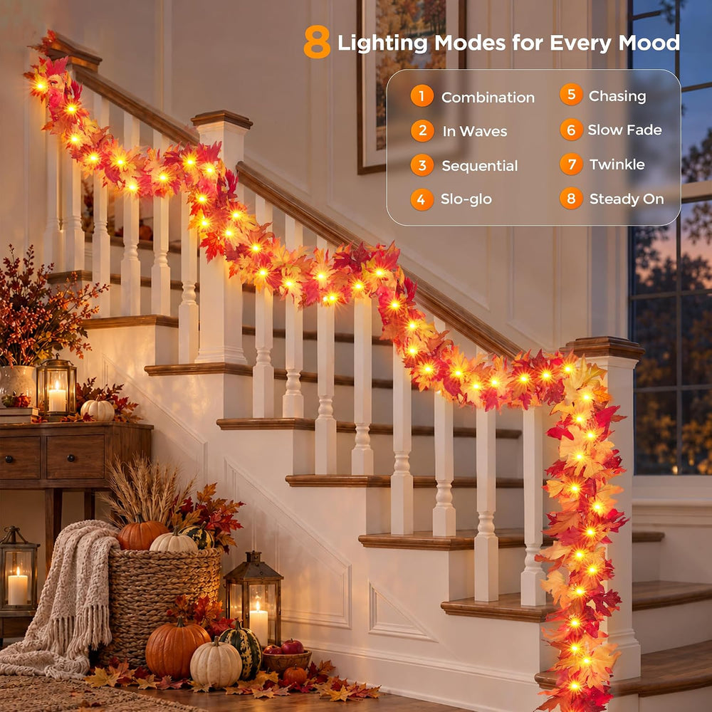 Fall Decorations for Home 18 FT Pre-lit Fall Garland with 100 LED Orange Ligh...