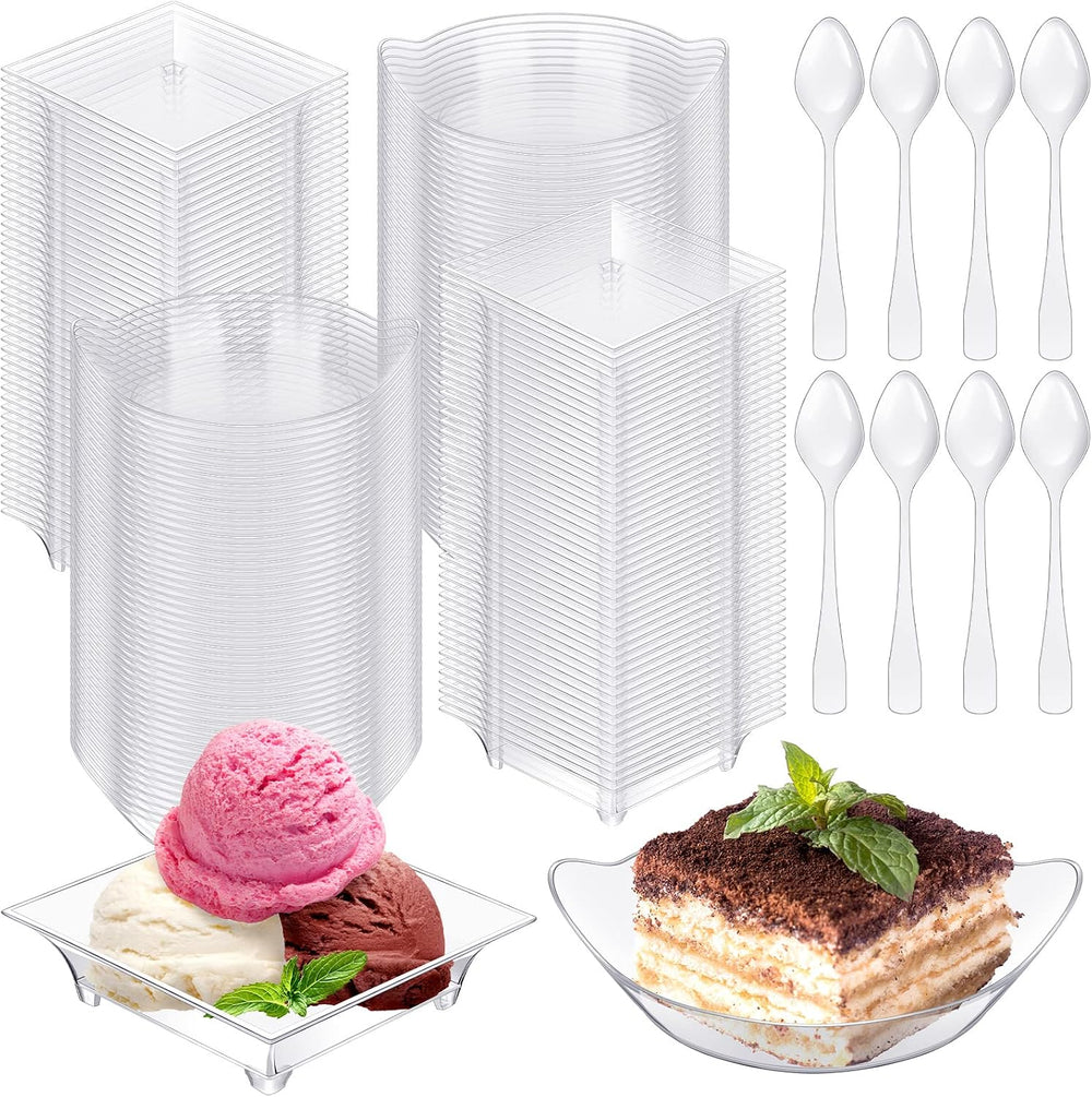 400 Pcs Mini Dessert Plates with Tasting Spoons Disposable Serving Trays 100 ...