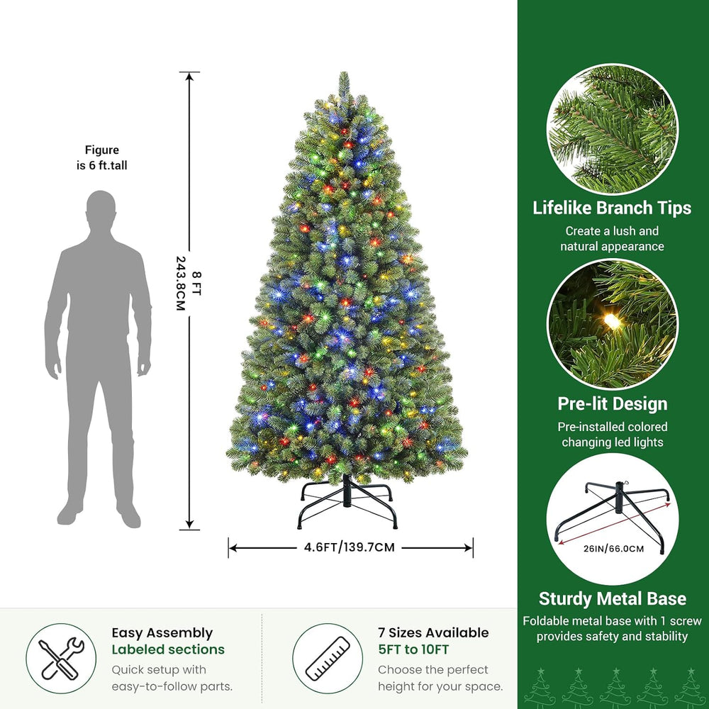 8FT Artificial Prelit Classic Christmas Tree with Remote Control,Timer