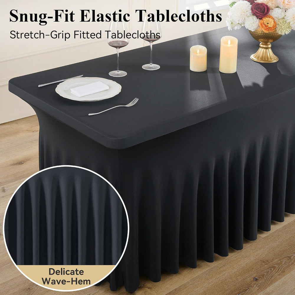8ft Black Spandex Tablecloth for Rectangle Tables, 2 Pack for Wedding Party