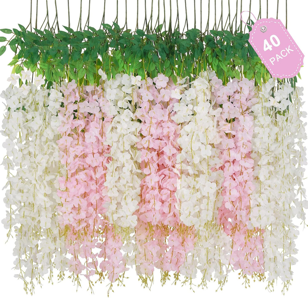 40 Pack White Pink Wisteria Hanging Flowers, Fake Flowers for Decoration, Art...