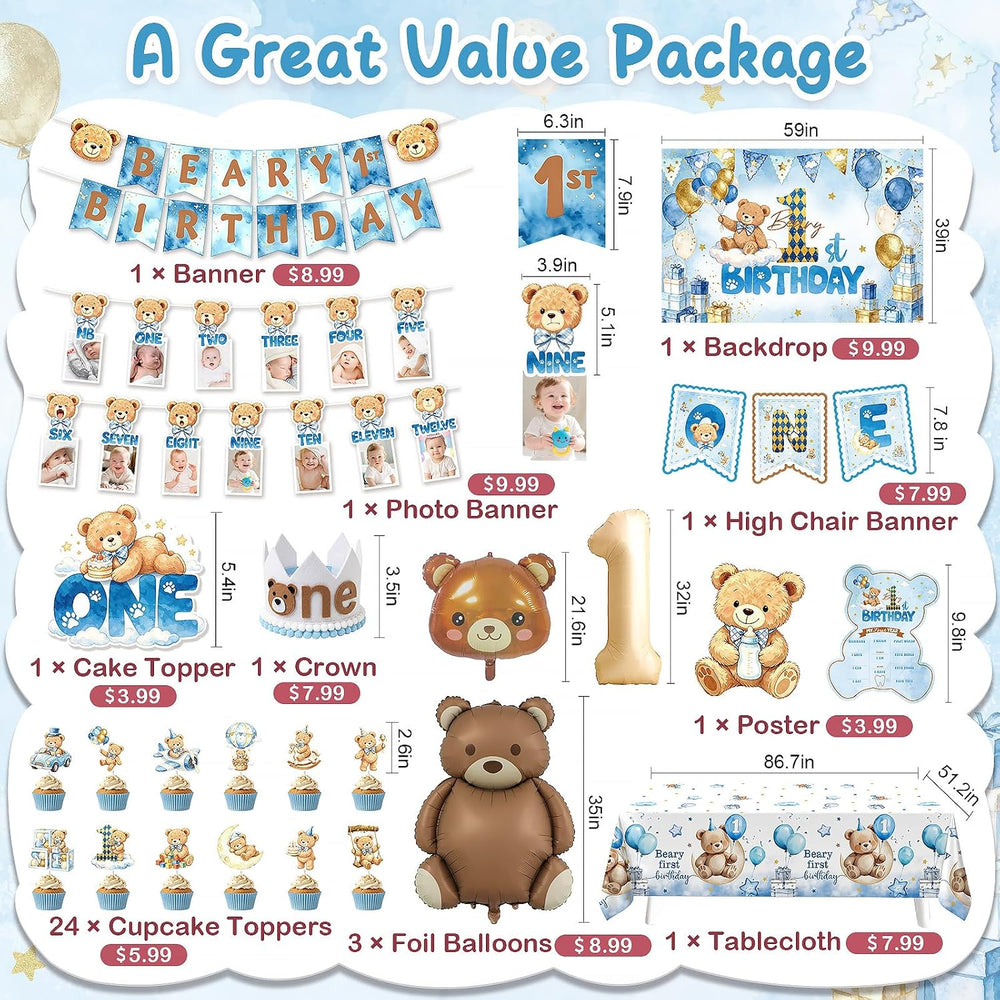 365 Pcs Beary First Birthday Decorations for Boy Blue Bear All-in-One Set