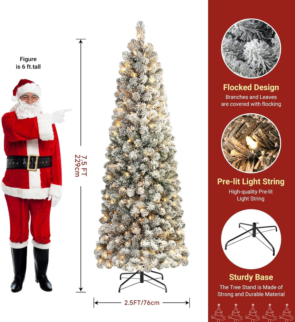 SHareconn 7.5ft Prelit Snow Flocked Artificial Slim Pencil Christmas Tree
