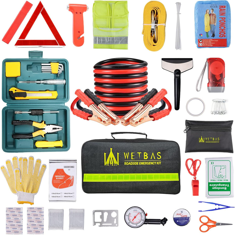 Car Emergency Roadside Kit with Jumper Cables, Vehicle Auto Car Safety Kits