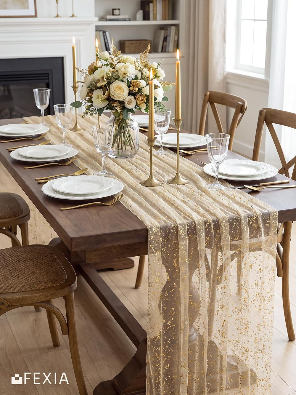 FEXIA 8Pcs Gold Table Runner 10FT Gauze Glitter Wedding Party Decorations