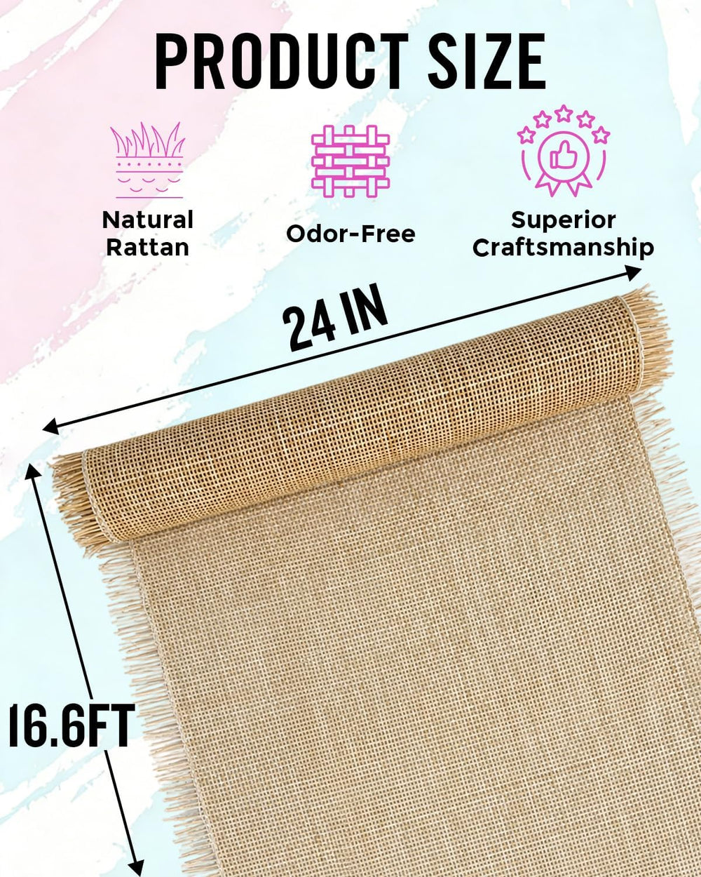 24"×16.6FT Width Natural Square Cane Webbing Material for DIY