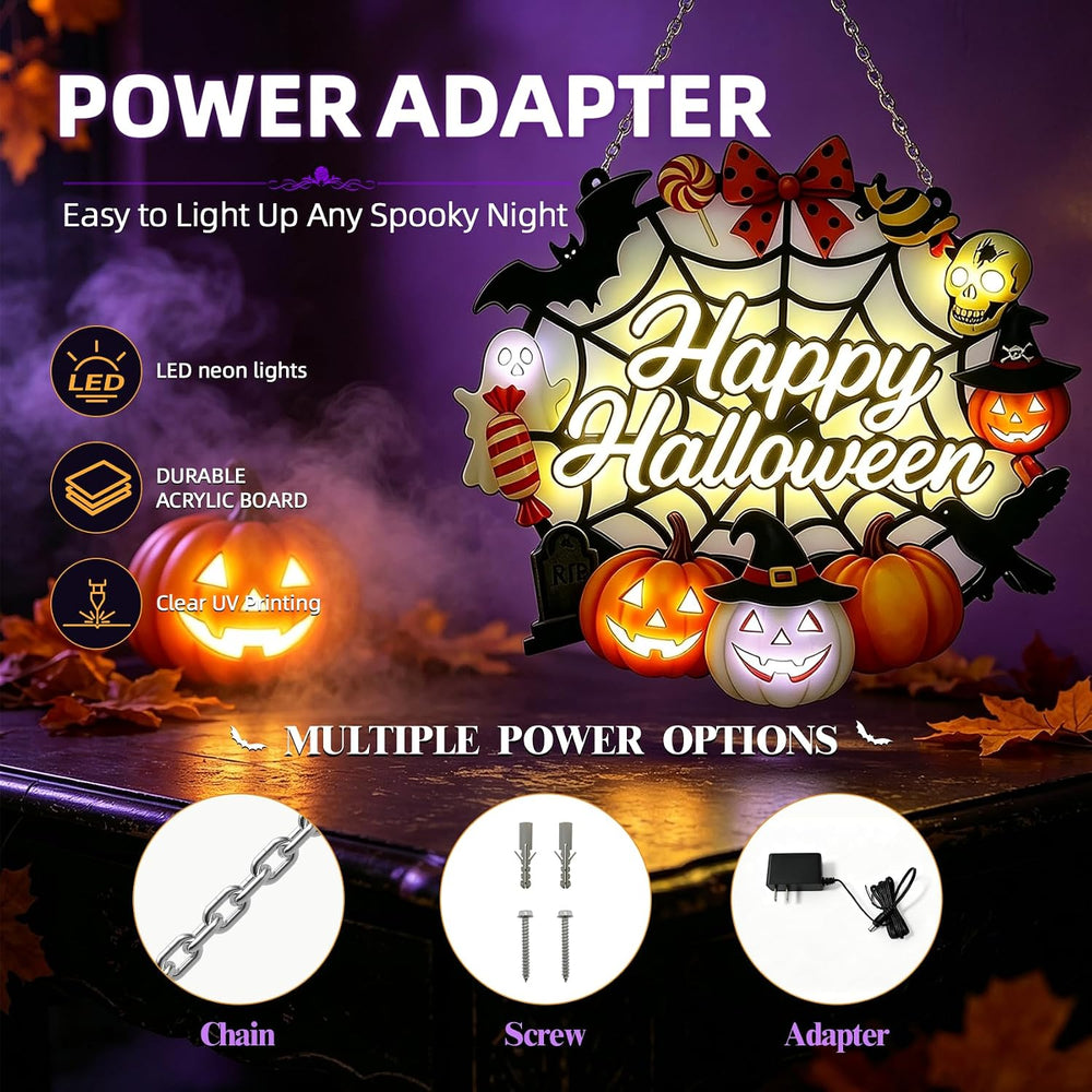 Happy Halloween Acrylic Hanging Sign for Front Door (Pumpkin Spider Light)