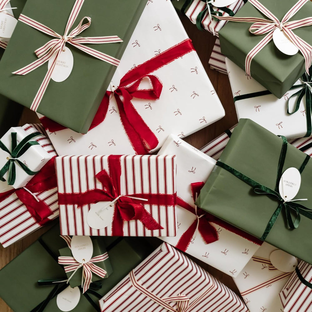 Merry Market Satin Christmas Wrapping Paper (Bows, Stripes, Solid Green)