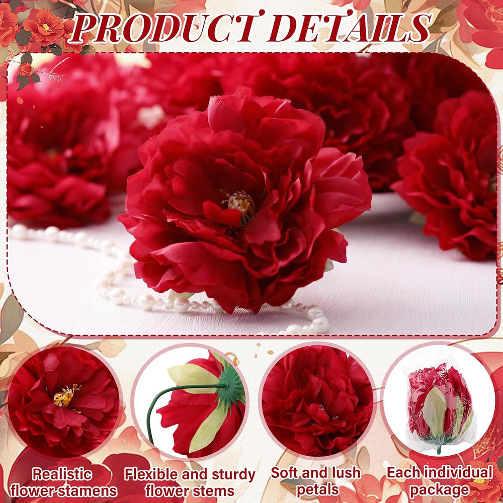 50 Pcs Artificial Peony Flowers with Wire Stems, Red