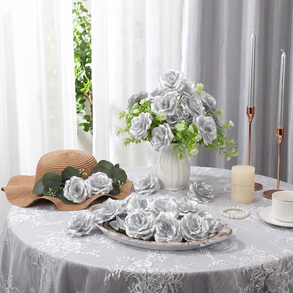 Yunlly 240 Pcs Silver Artificial Flower Silk Rose Head Flower with Stem