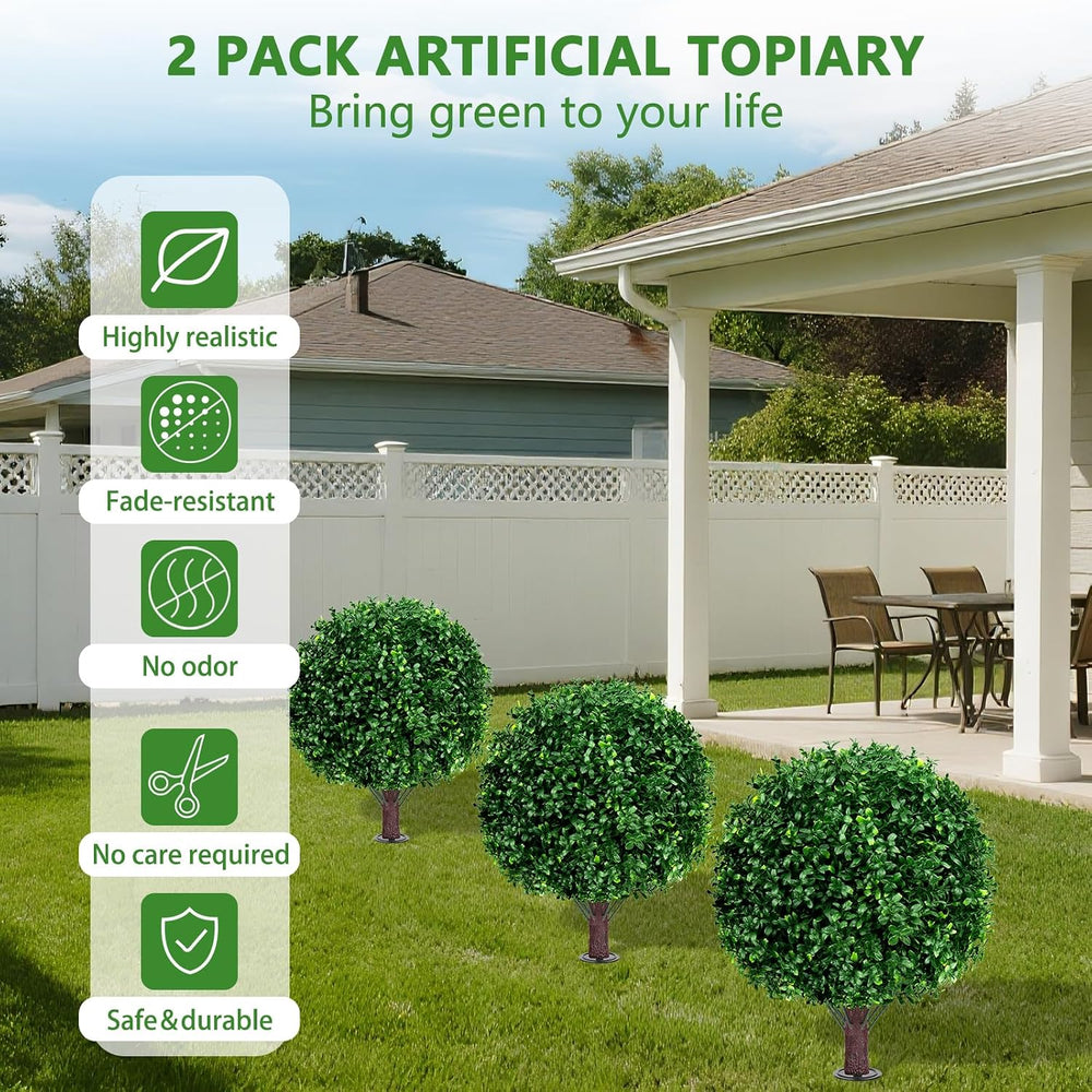 23" Artificial Boxwood Topiary Shrubs Set of 2 with Ground Spike
